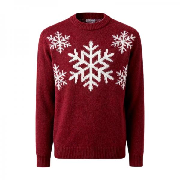 Burgundy Red Round Neck Snowflake Pattern Festive Knit Sweater