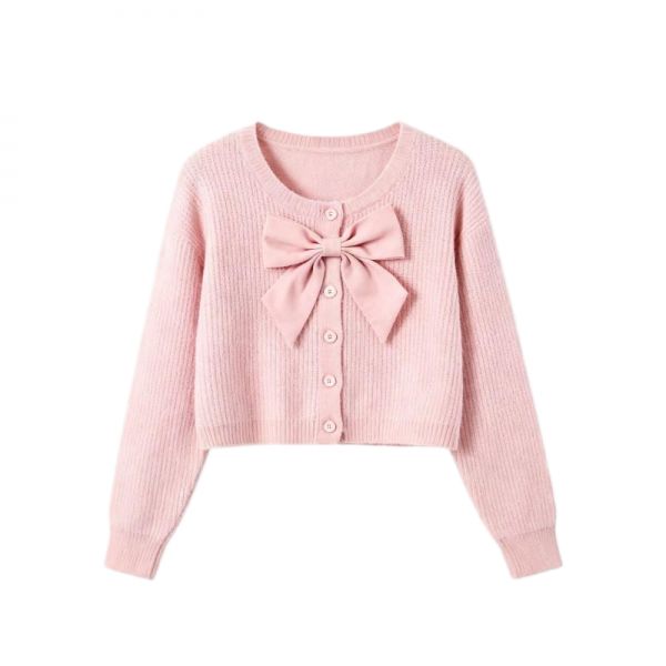 Pastel Pink Round Neck Bow Decor Button-Front Cropped Knit Cardigan