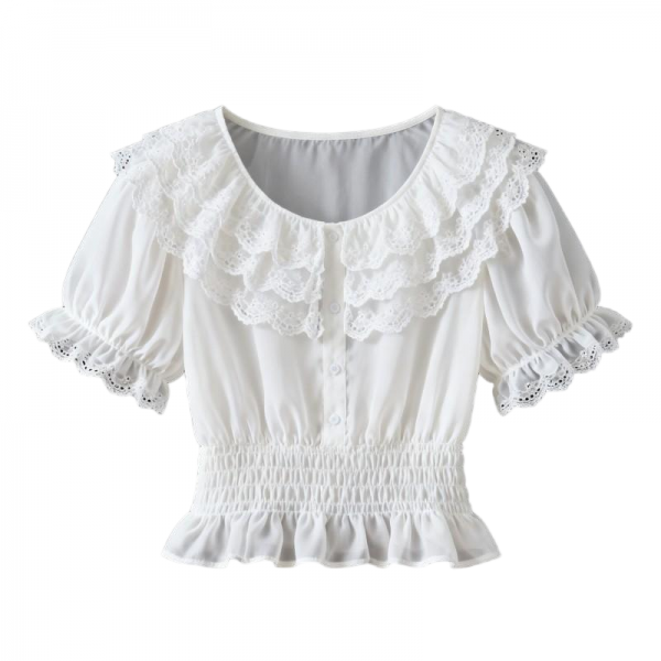 White Lace Ruffled Square Neck Smocked Waist Short Sleeve Blouse