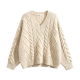 Beige V-Neck Chunky Cable & Diamond Knit Oversized Loose Sweater