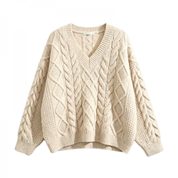 Beige V-Neck Chunky Cable & Diamond Knit Oversized Loose Sweater