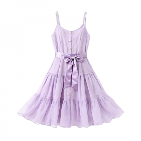 Lavender Chiffon Cami Dress with Pearl Buttons & Bow Belt