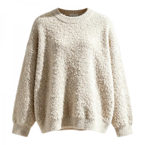 Cream Fuzzy Textured Round Neck Oversized Cozy Knit Sweater