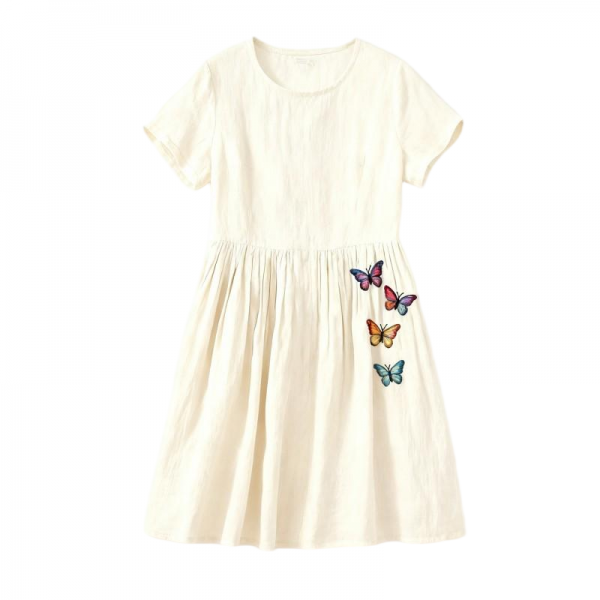 Cream Linen-Blend Dress with Colorful Butterfly Embroidery