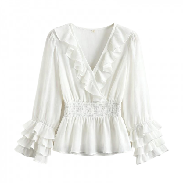 White Ruffled V-neck Smocked Waist Long Sleeve Elegant Blouse