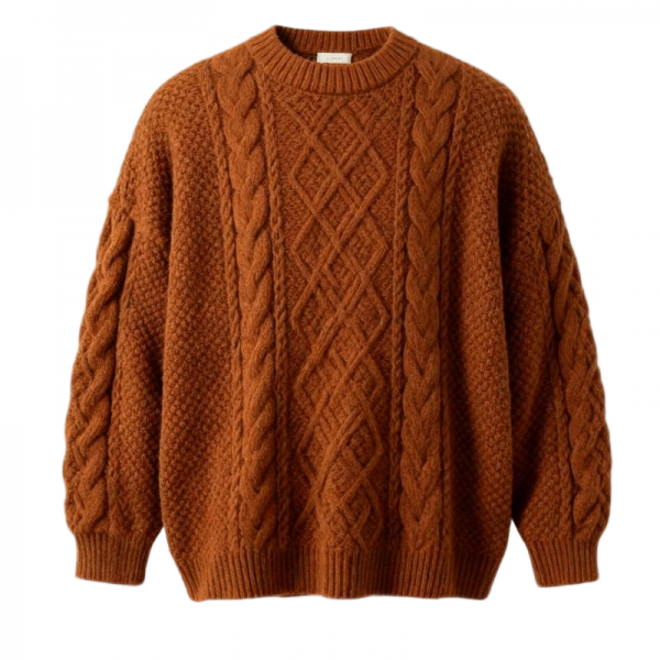 Caramel Brown Chunky Cable Knit Oversized Round Neck Sweater