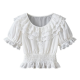 White Lace Ruffled Square Neck Smocked Waist Short Sleeve Blouse