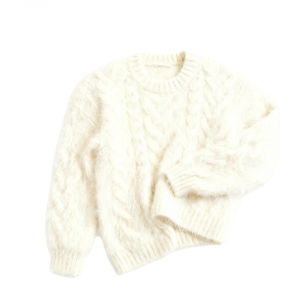 Cream Fuzzy Texture Cable Knit Oversized Round Neck Sweater