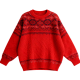 Red Ethnic Pattern Cable Knit Oversized Round Neck Sweater