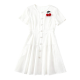 White Satin Dress with Cherry Embellishment & Pearl Buttons