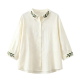 Off-White Olive Branch Embroidery Collar 3/4 Sleeve Linen Shirt
