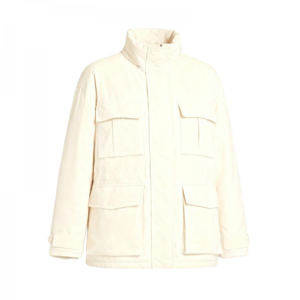Cream Stand-Collar Cargo Puffer Jacket with Multiple Pockets