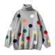 Gray Turtleneck Colorful Polka Dot Pattern Oversized Knit Sweater