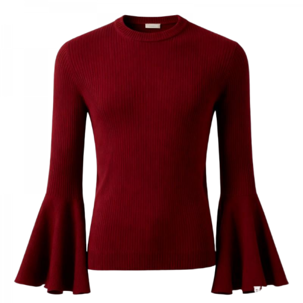 Burgundy Rib Knit Slim-Fit Sweater with Bell Sleeves