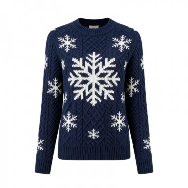 Navy Blue Round Neck Snowflake Pattern Cable Knit Festive Sweater