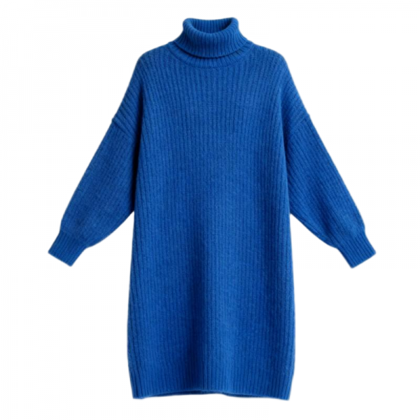 Royal Blue Turtleneck Rib Knit Long Sweater Dress