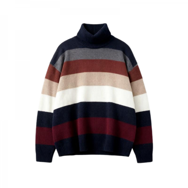 Turtleneck Multi-Color Striped Knit Oversized Sweater