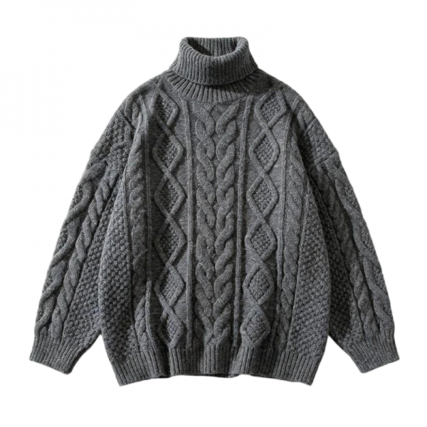 Gray Turtleneck Chunky Cable & Diamond Knit Oversized Sweater