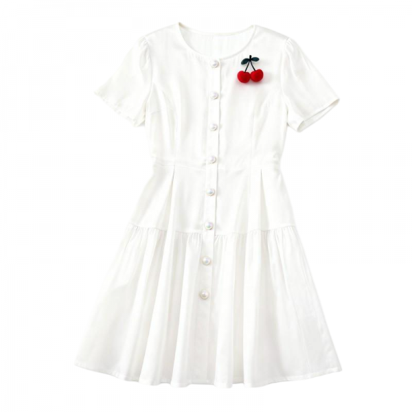 White Satin Dress with Cherry Embellishment & Pearl Buttons