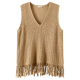 Beige V-Neck Sleeveless Knit Vest with Fringe Hem