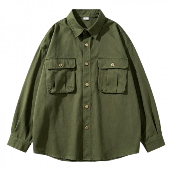 Olive Green Cargo Style Oversized Long Sleeve Button-Down Shirt