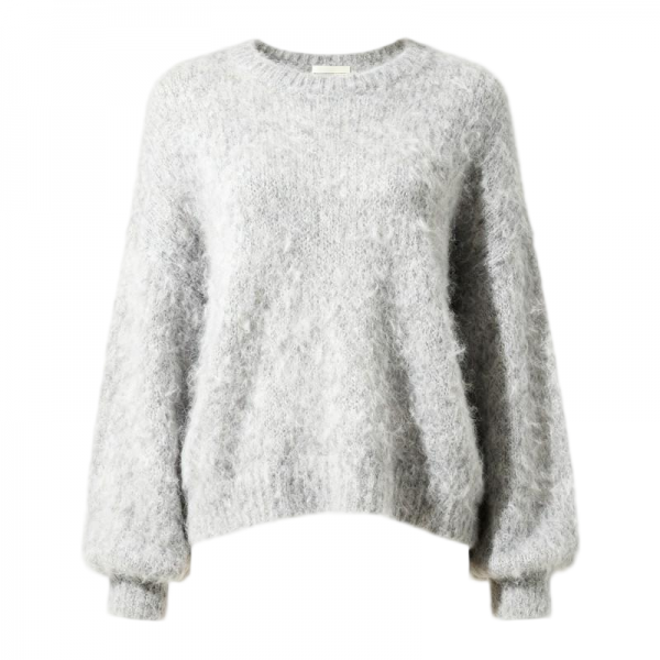 Light Gray Fuzzy Knit Round Neck Puff Sleeve Oversized Sweater