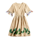 Beige Linen Dress with Leaf Embroidery & Beaded Cuffs