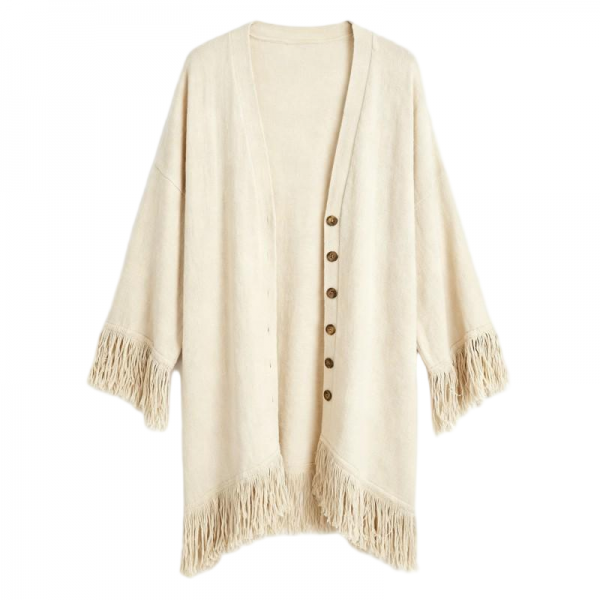Cream Fringe Trim V-Neck Button-Front Knit Cardigan