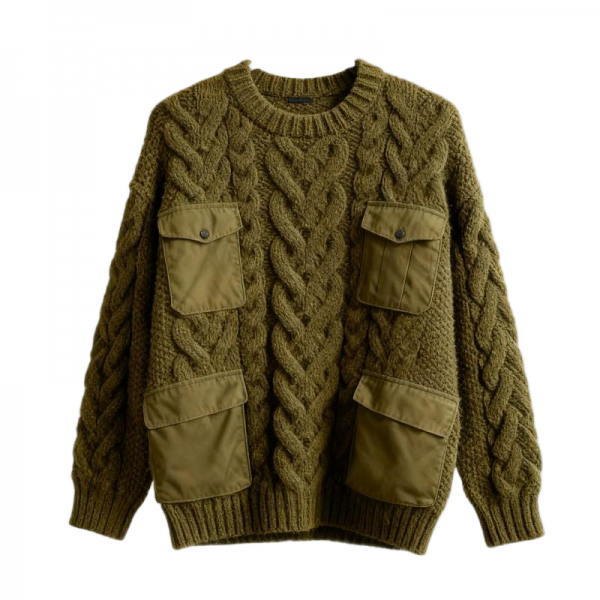 Olive Green Chunky Cable Knit Sweater with Cargo Pockets