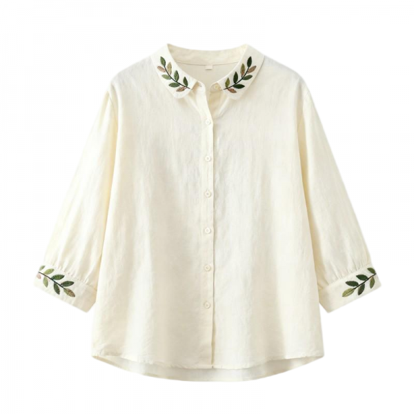 Off-White Olive Branch Embroidery Collar 3/4 Sleeve Linen Shirt