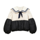 Beige & Black Sailor Collar Puffer Jacket with Bow Detail
