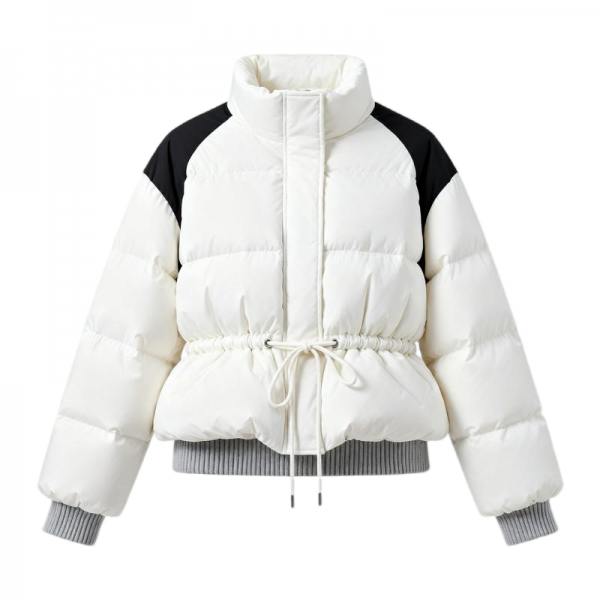 White & Black Color-Block Puffer Jacket with Drawstring Waist