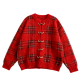 Red Plaid Pattern Toggle-Button Oversized Knit Cardigan