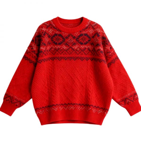 Red Ethnic Pattern Cable Knit Oversized Round Neck Sweater