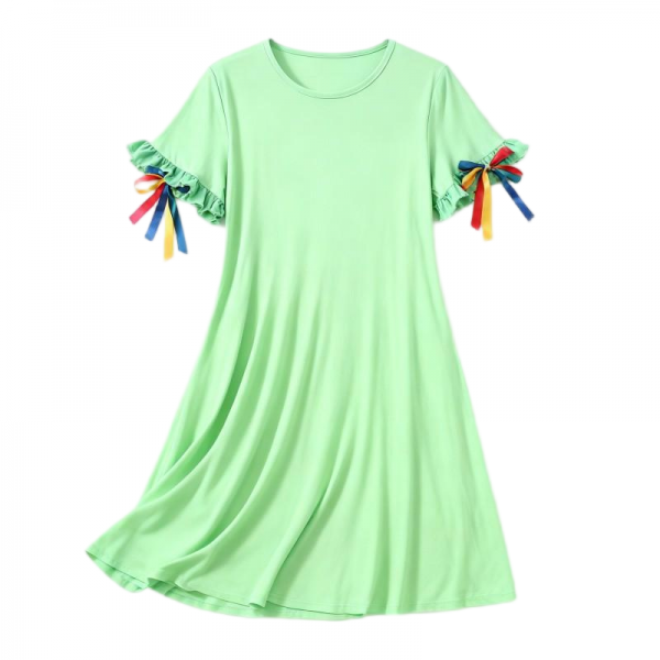 Mint Green Ruffled Sleeve Dress with Colorful Ribbon Accents