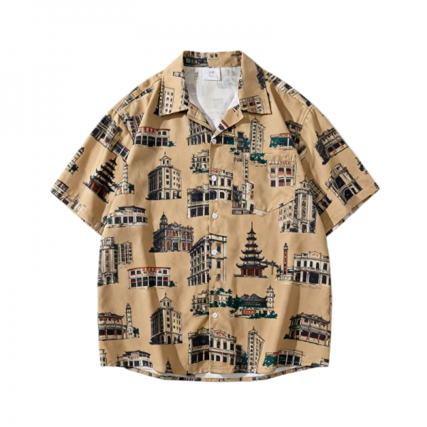 Khaki City Architecture Print Short Sleeve Button-Down Shirt