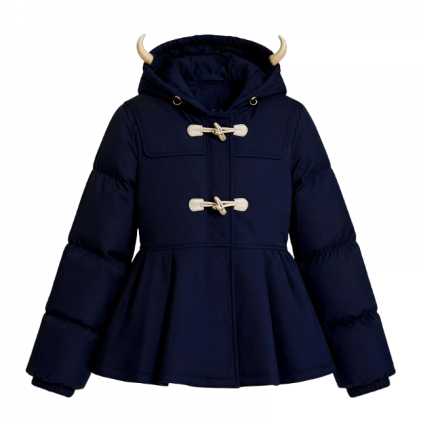Navy Hooded Puffer Coat with Horn Decor & Peplum Hem