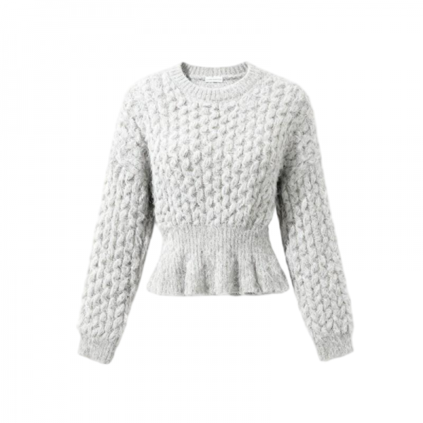 Light Gray Chunky Cable Knit Round Neck Peplum Hem Sweater