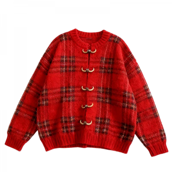 Red Plaid Pattern Toggle-Button Oversized Knit Cardigan