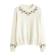 Cream White Round Neck Floral Embroidery Loose Knit Sweater
