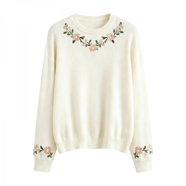 Cream White Round Neck Floral Embroidery Loose Knit Sweater